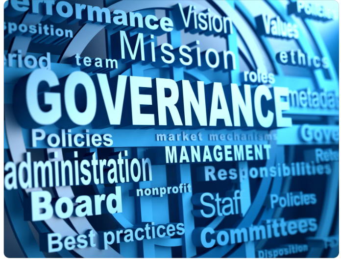 Graphic illustrating governance as the central theme, highlighting its role in management, policies, and organizational best practices. i-radius