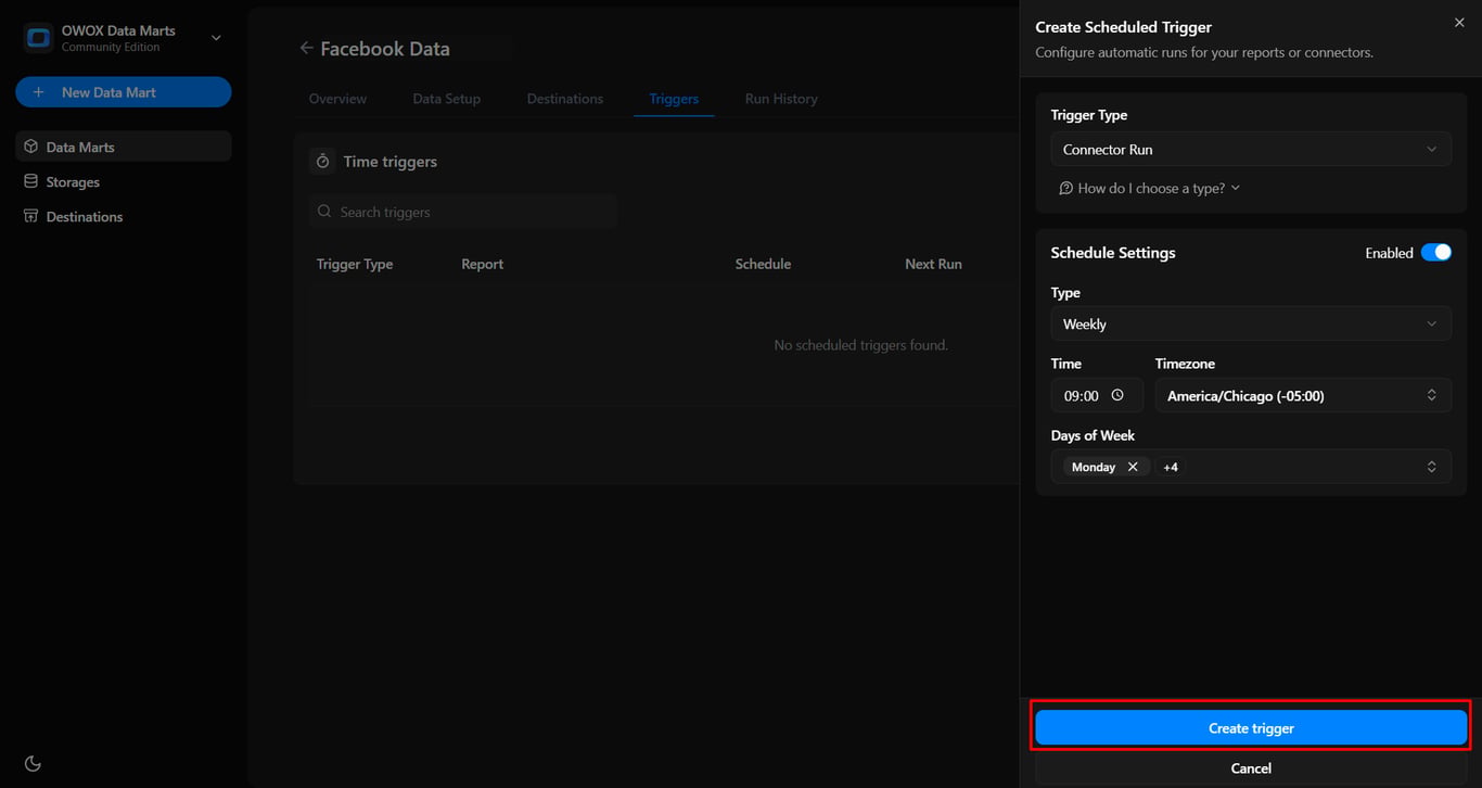 OWOX Data Marts time trigger setup showing schedule details and the ‘Create trigger’ button to automate data refresh based on the selected configuration. i-shadow