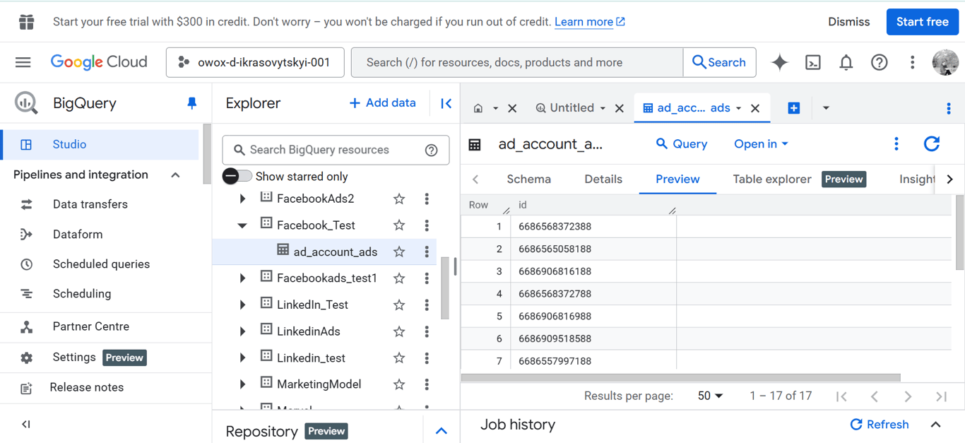 BigQuery table preview showing Facebook Ads data with fields confirming successful data import. i-shadow