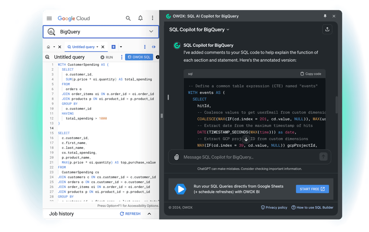 Split view showing a BigQuery SQL query on Google Cloud and its explanation by OWOX SQL Copilot.