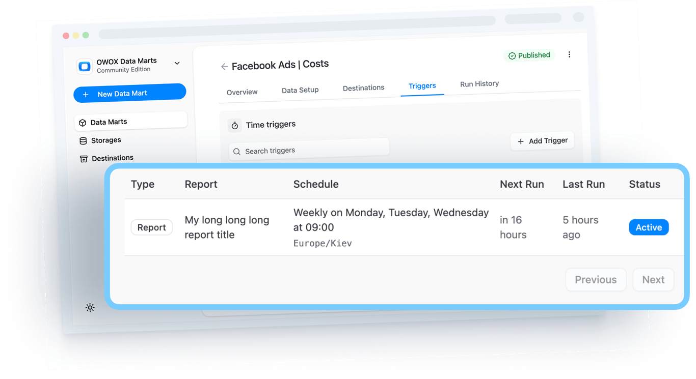 OWOX Data Marts trigger panel showing scheduled report refresh details.