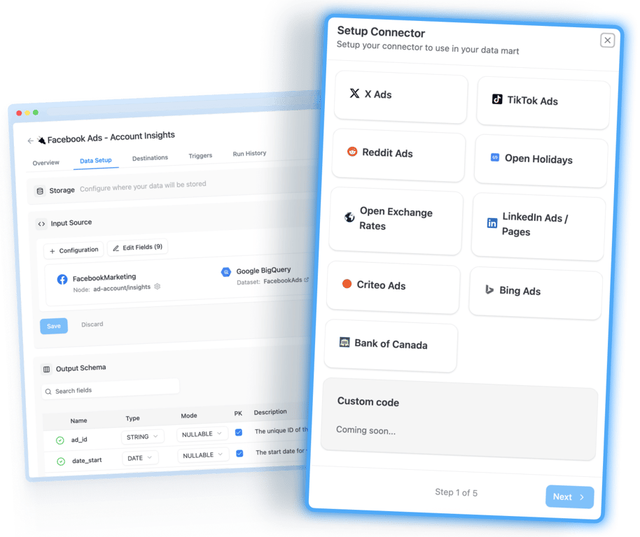 Visual grid showing various marketing, ads, analytics, and other platform connectors available for data integration in OWOX.