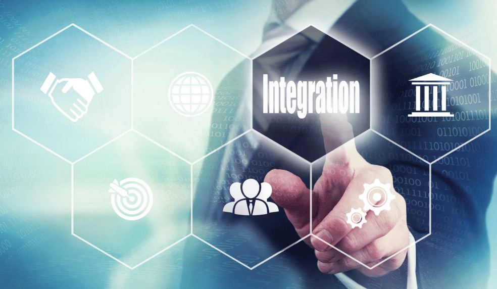 Digital integration concept with interconnected icons symbolizing business systems, data flow, and unified technology solutions. i-radius