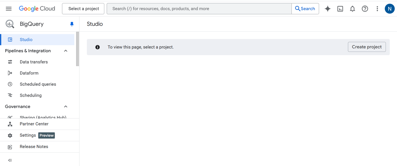 Google Cloud BigQuery UI showing the “Create Project” button and the left-hand menu for navigation. i-shadow