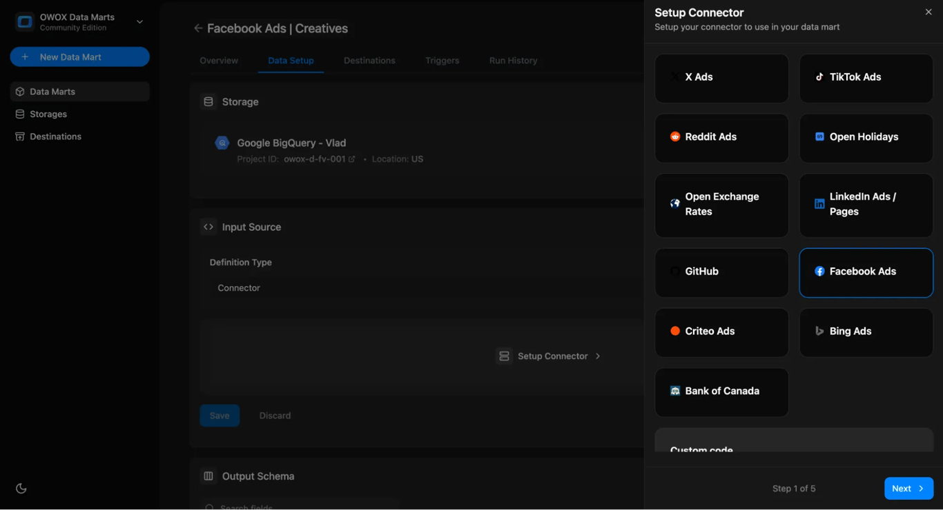 Setup the Connector panel in OWOX Data Marts to select the connector source. i-shadow