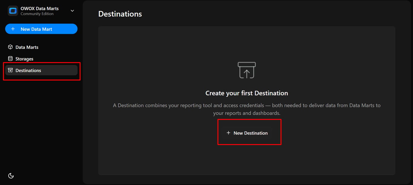  OWOX Data Marts interface highlighting the Destinations tab and “+ New Destination” button to create a destination for report delivery. i-shadow