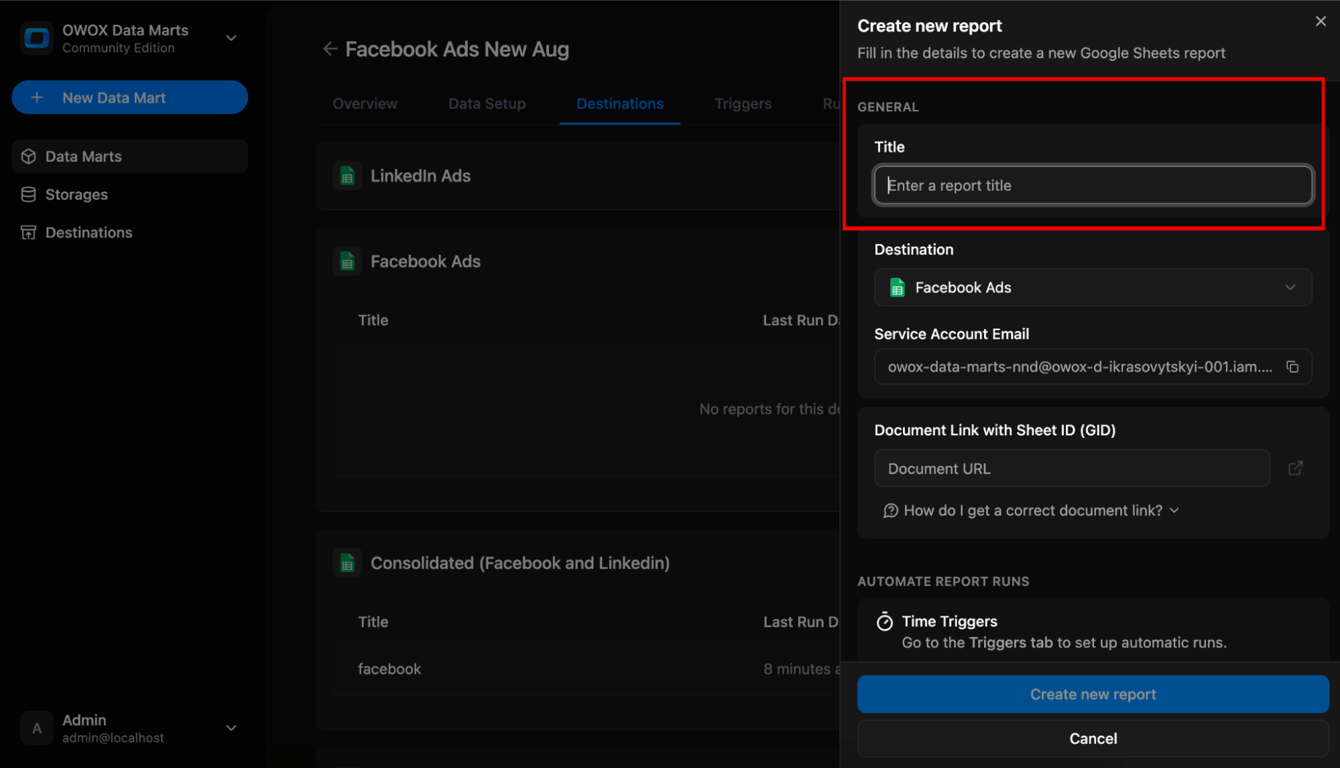 OWOX Data Marts interface showing the “Create new report” panel with a highlighted field to add the report title. i-shadow