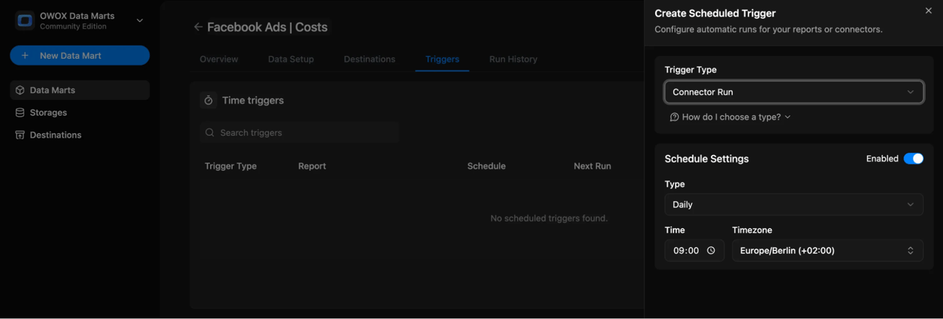 Connector Trigger being set up for Facebook ads to BigQuery. i-shadow