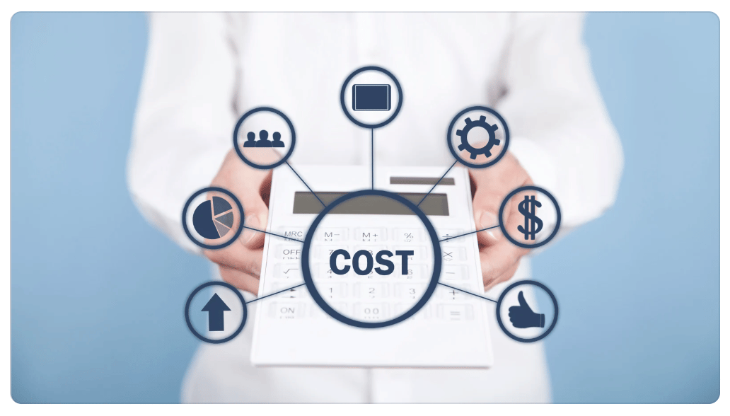Cost analysis concept with interconnected icons representing key business factors like budget, growth, team, and performance drivers. i-radius