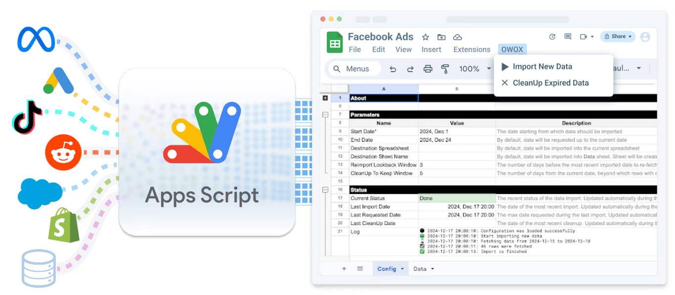 OWOX Google Sheets Connector using Apps Script from different ad sources.