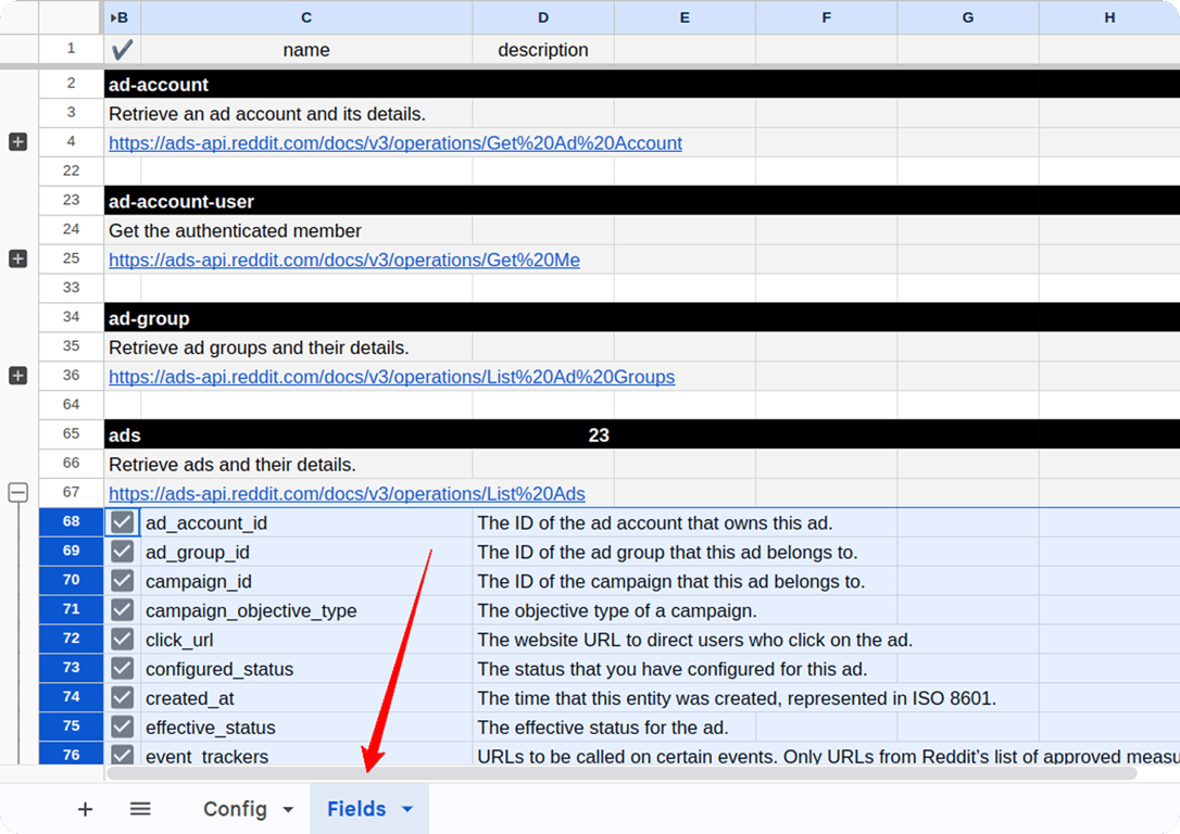 Selecting specific campaign fields in the “Fields” tab of the Reddit Ads connector sheet. i-shadow i-radius