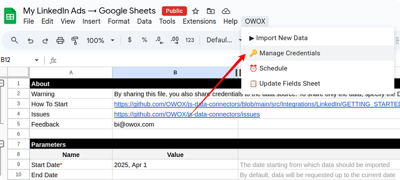 LinkedIn Ads data being imported in LinkedIn Specific Google Sheets Template. i-shadow i-radius