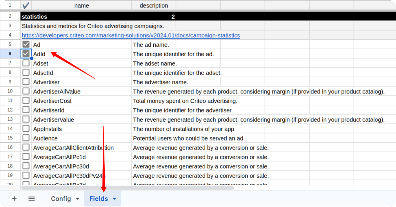Fields tab in the OWOX Criteo Ads template showing selectable checkboxes. i-shadow i-radius