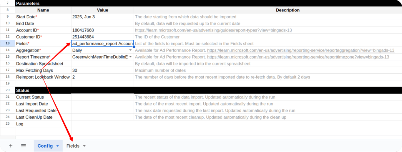 Fields tab in Google Sheets with selected Bing Ads metrics and dimensions. i-shadow i-radius