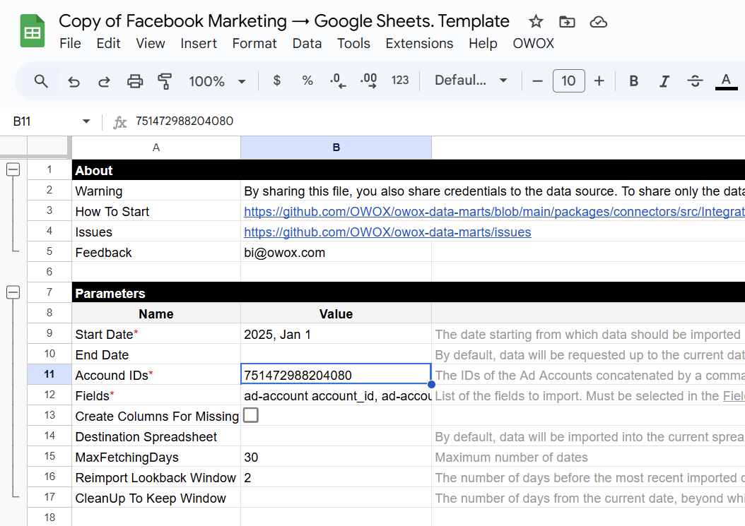 Google Sheets template for setting up Facebook Ads data import parameters. i-shadow