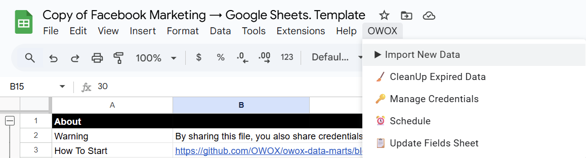 Facebook Ads data being imported in Google Sheets Template. i-shadow