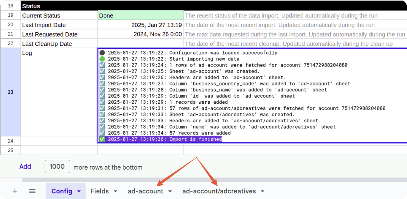 Log section in Google Sheets showing successful data import steps and creation of multiple sheets from Facebook Ads API. i-shadow i-radius