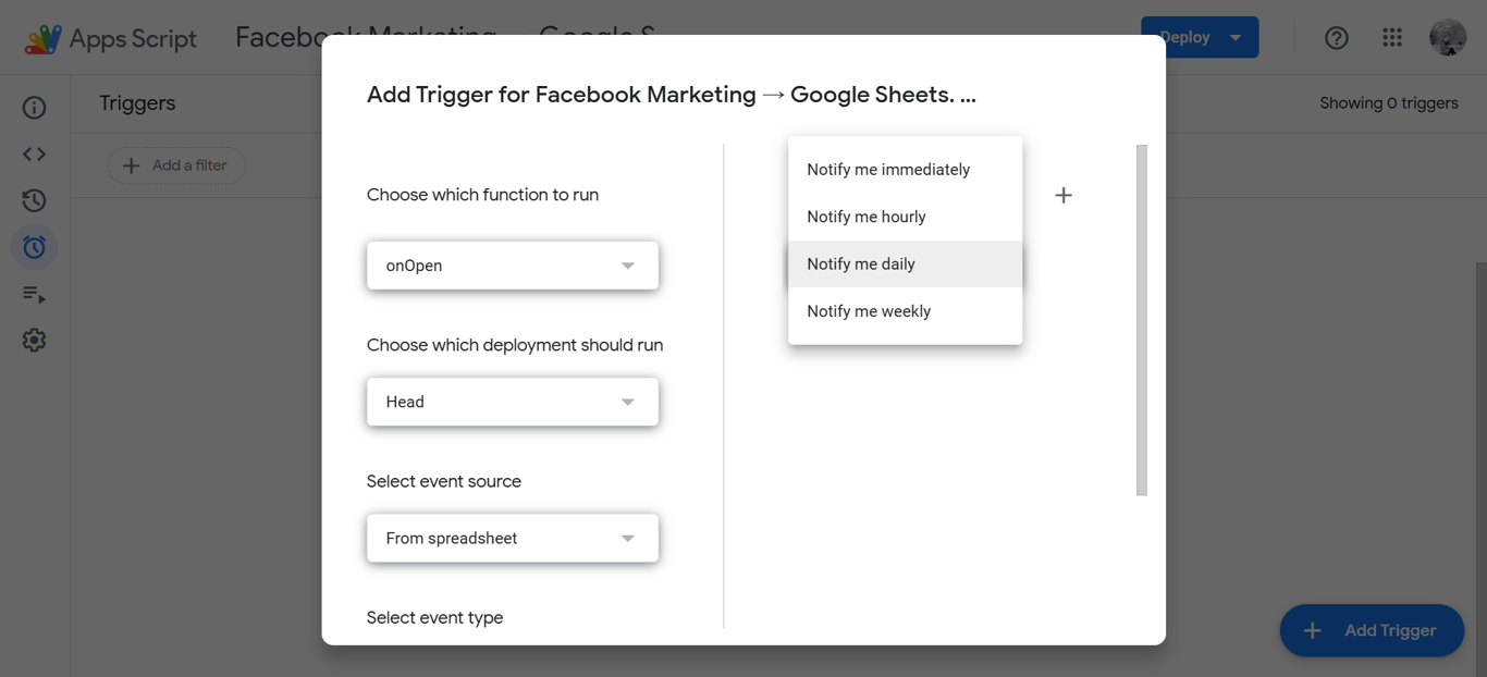 OWOX Apps Script connector settings in Google Sheets showing trigger options for scheduling automated data refresh at custom intervals.