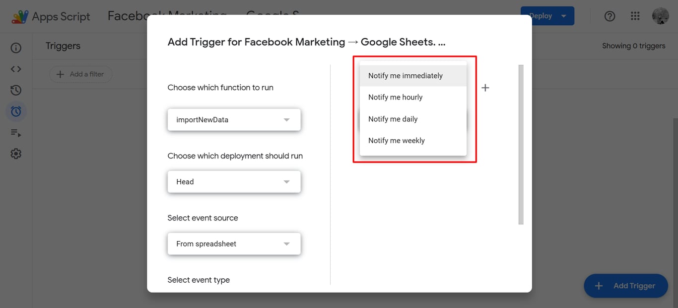 Google Sheets Apps Script editor showing a trigger setup for the main function with a daily refresh schedule.
