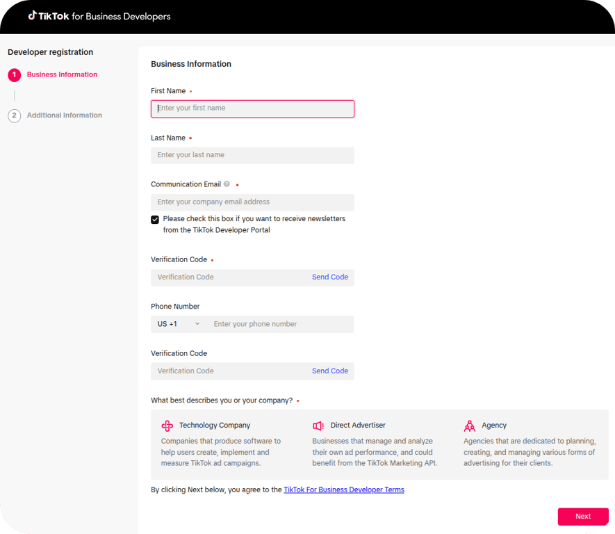 TikTok Developer registration form with fields for name, email, phone, and company type. i-shadow
