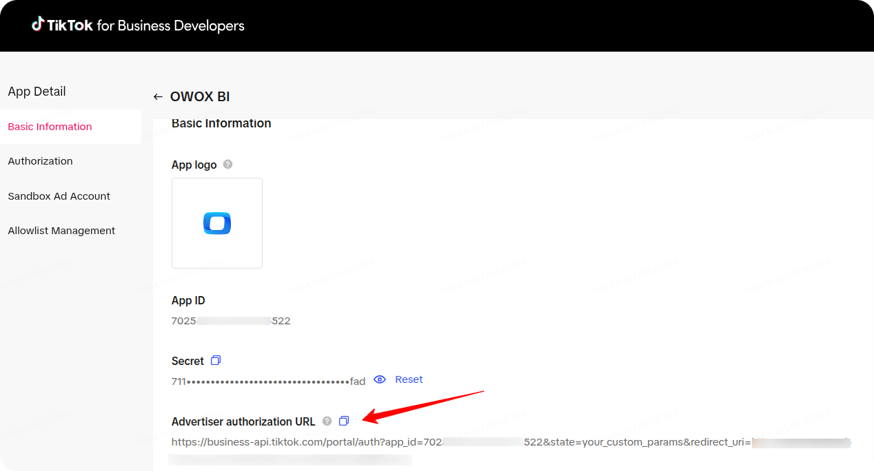 TikTok app details page showing App ID, secret key, and authorization URL. i-shadow