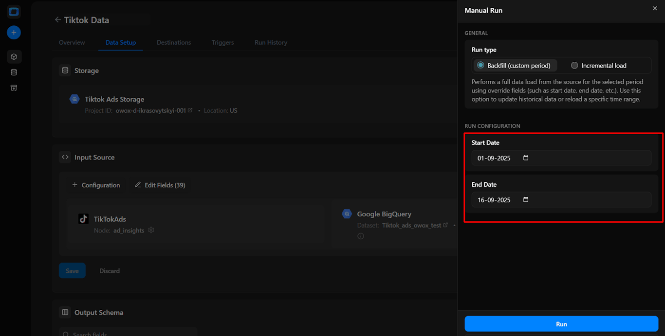  Manual Run configuration panel in OWOX Data Marts showing run type options and fields to set start and end dates. i-shadow