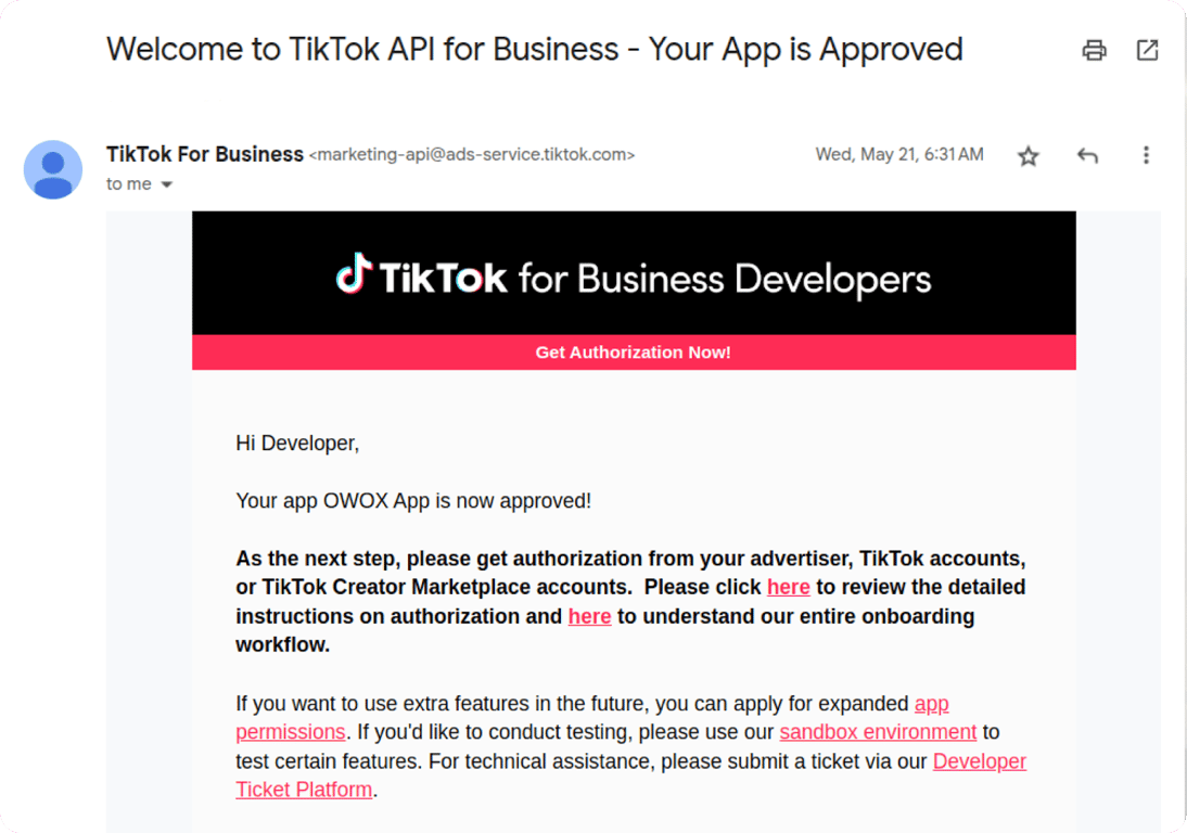Email from TikTok confirming the OWOX app is approved with instructions for next steps and helpful links. i-shadow