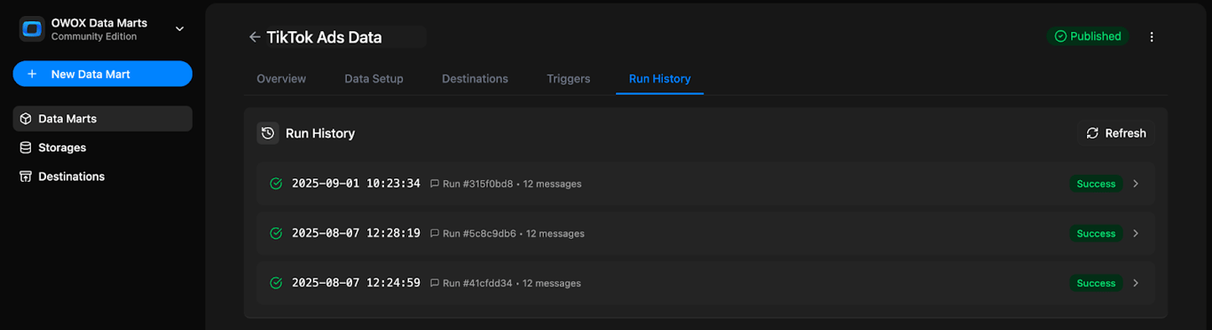 Run History tab in OWOX Data Marts displaying the status message ‘Import is finished’. i-shadow