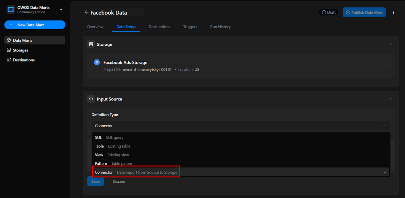 Input Setup section in OWOX Data Marts with ‘Connector’ selected as the definition type for the data source. i-shadow
