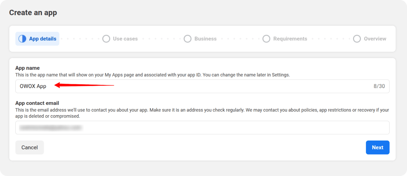 App creation screen with OWOX App name entered and contact email field shown.