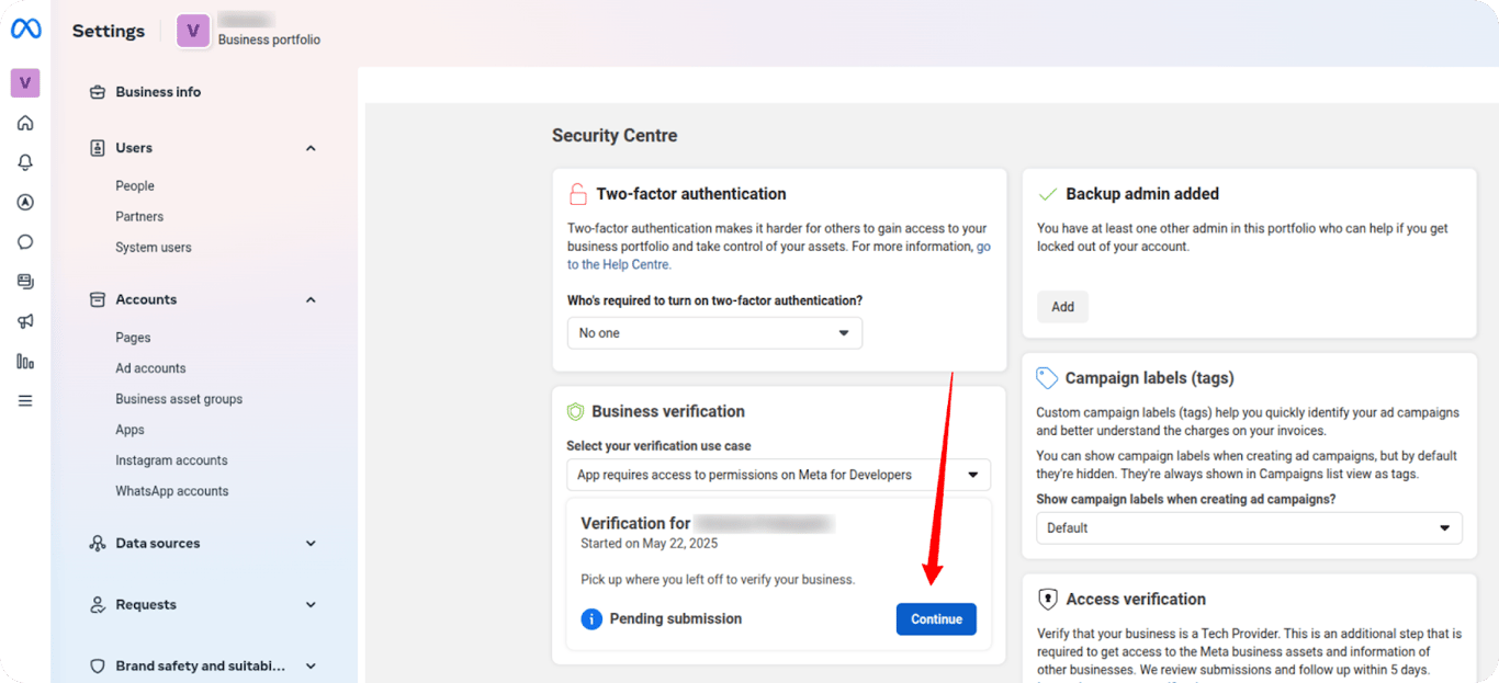 Security Centre in Meta Business Manager showing pending business verification.