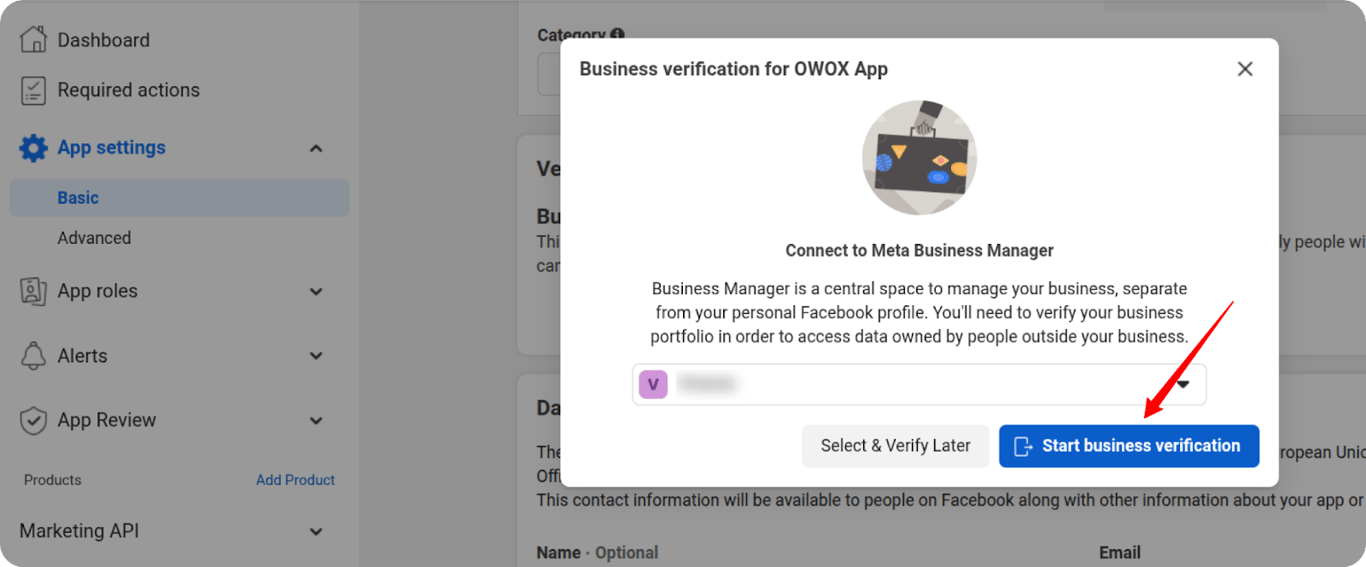  Dialog box with selected portfolio and “Start business verification” button highlighted.