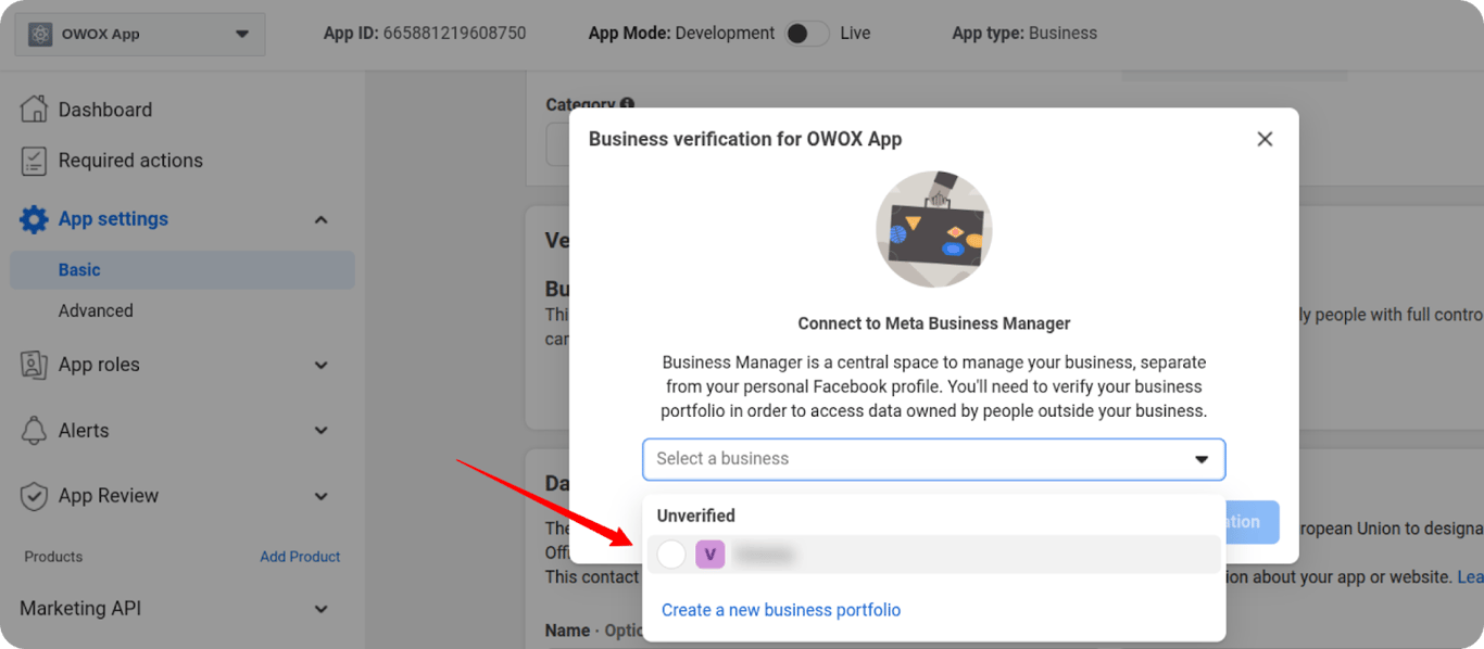 Popup for selecting a business portfolio to begin business verification.