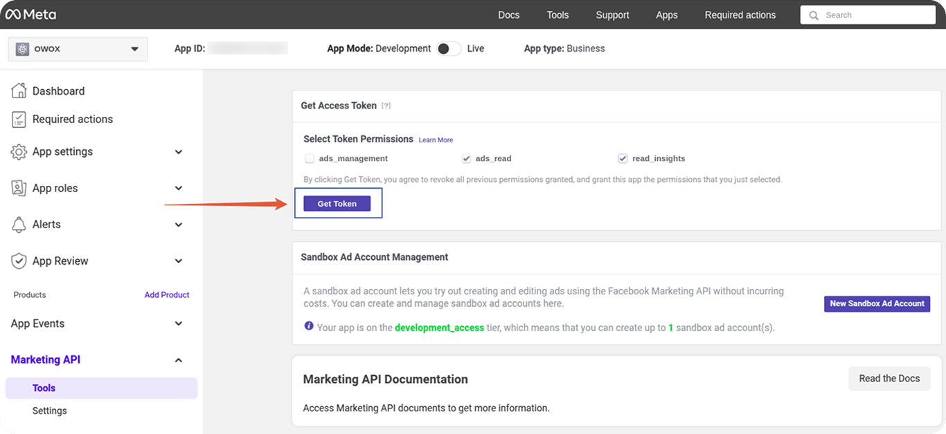 Token generation screen with selected permissions and highlighted “Get Token” button in Meta developer portal.