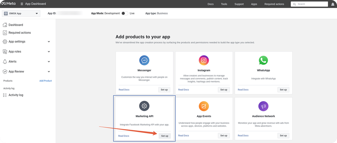 Meta App Dashboard with Marketing API selected to set up for app integration.