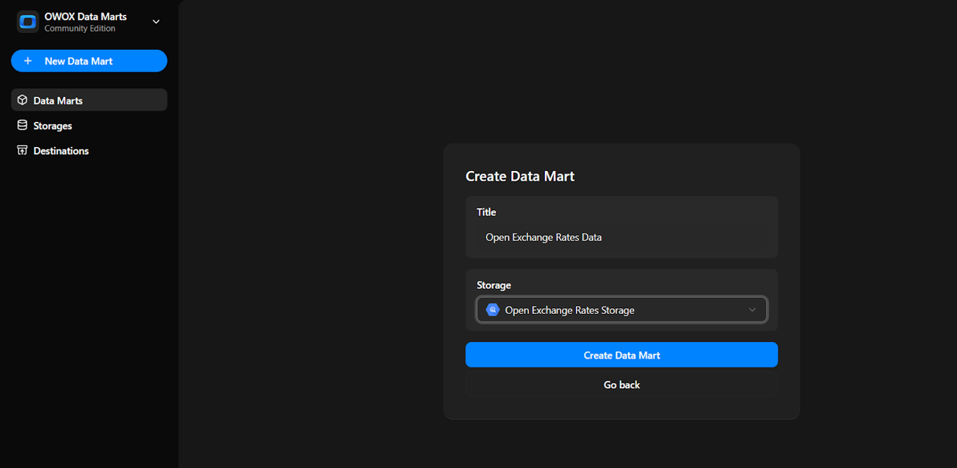 Create Data Mart screen with title set to “ Open Exchange Rates Data” and storage selected as “Open Exchange Rates Storage”. i-shadow