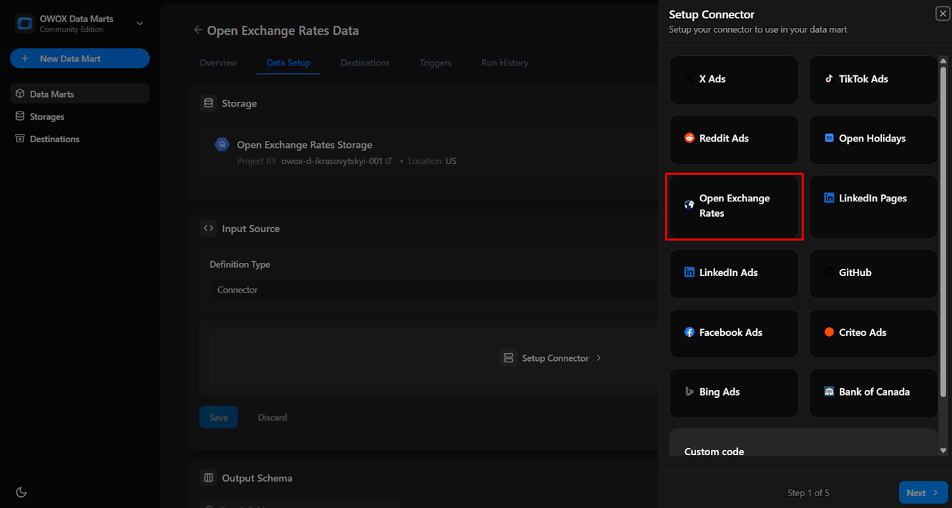 Setup Connector panel in OWOX Data Marts with Open Exchange Rates selected as the connector source. i-shadow