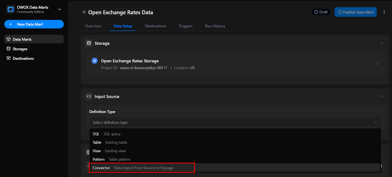 Input Setup section in OWOX Data Marts with ‘Connector’ selected as the definition type for the data source. i-shadow