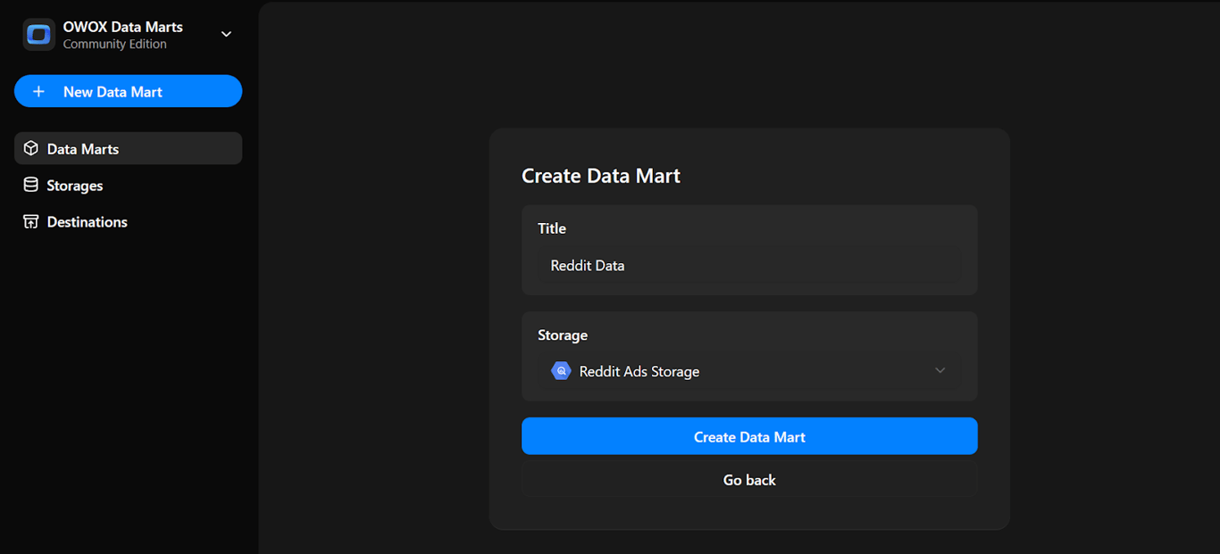Create Data Mart screen with title set to “Reddit Data” and storage selected as “Reddit Ads Storage”. i-shadow
