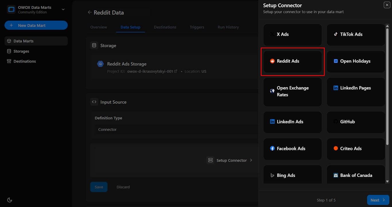 Setup Connector panel in OWOX Data Marts with Reddit Ads selected as the connector source. i-shadow i