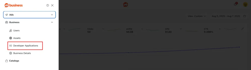 Reddit page with left hand panel expanded with developer applications being highlighted.