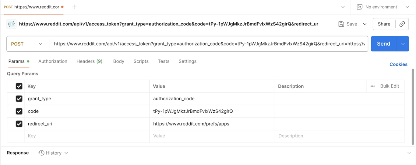 Postman setup showing params for grant type, code, and redirect URI.