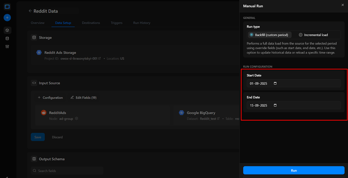Manual Run configuration panel in OWOX Data Marts showing run type options and fields to set start and end dates. i-shadow