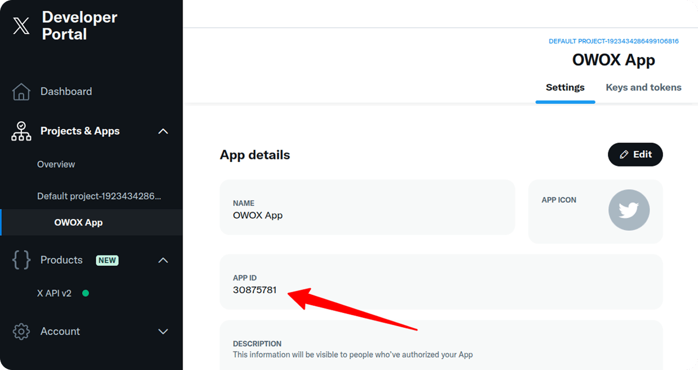 X Developer Portal displaying the app details section for an app named “OWOX App,” with the App ID highlighted.  i-shadow