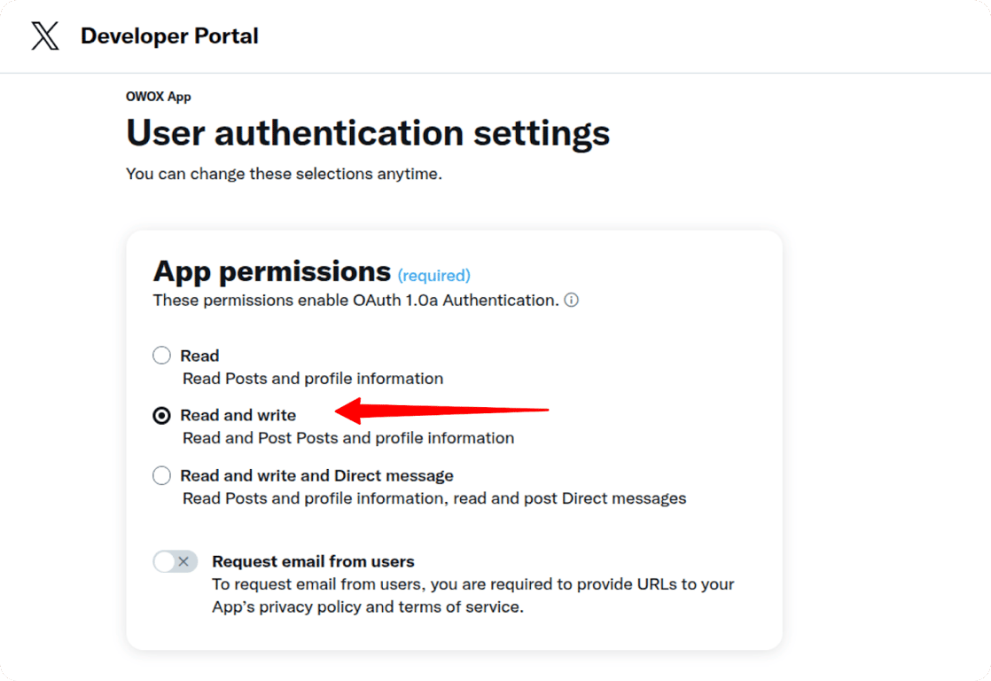User authentication settings in the X Developer Portal showing the selected “Read and write” app permission.  i-shadow