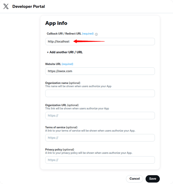 App info configuration in the X Developer Portal with the Callback URI for OAuth setup. i-shadow