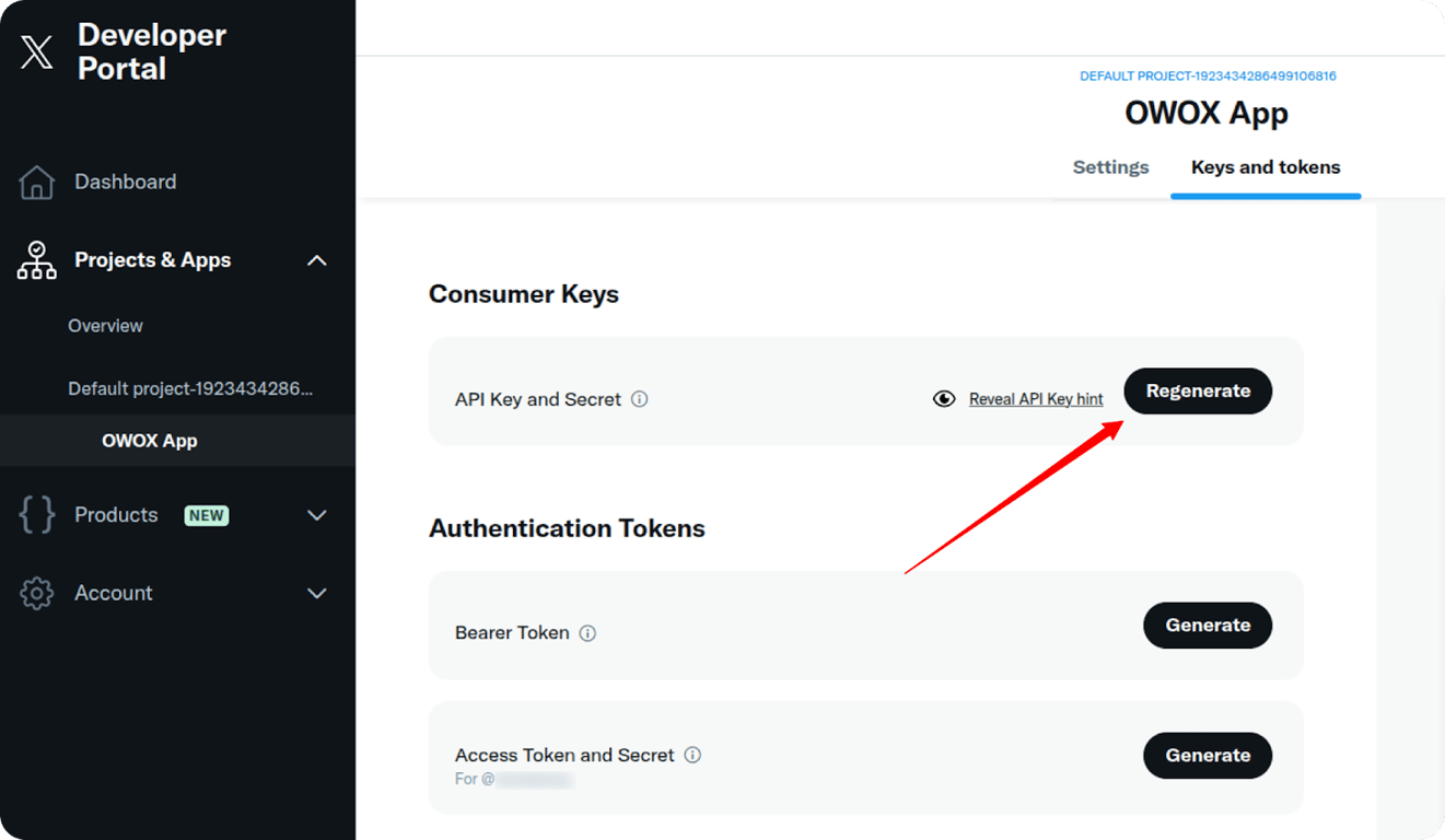 Keys and tokens screen in the X Developer Portal showing options to regenerate API Key and generate Access Token.  i-shadow