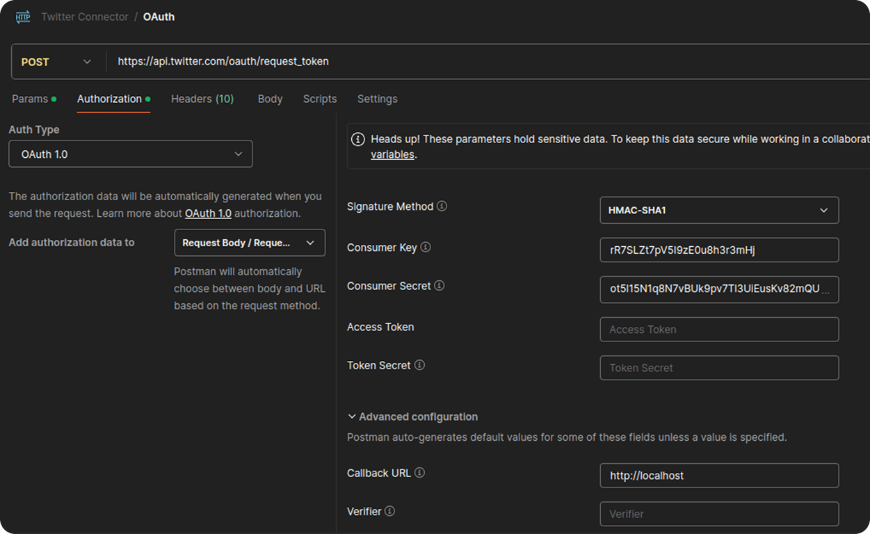  Postman configuration screen for sending a request token to the X Ads API using OAuth 1.0 with consumer key, secret, and callback URL. i-shadow