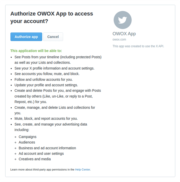 Authorization prompt screen asking the user to authorize the OWOX App to access and manage their X account data and campaigns. i-shadow