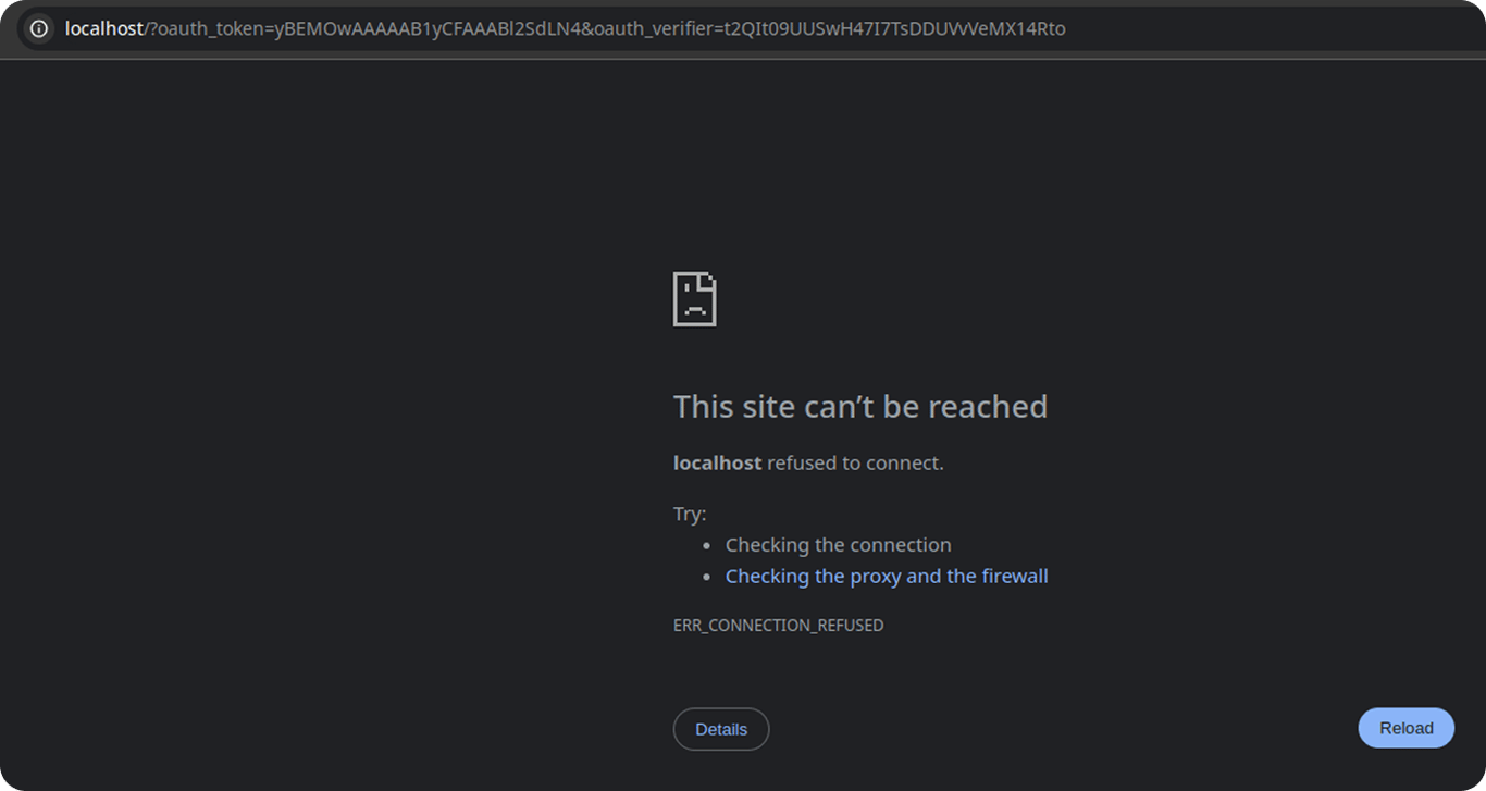 Browser error page showing “localhost refused to connect” after redirect from X Ads API authorization. i-shadow